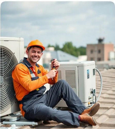 Certified HVAC technician smiling with tools beside outdoor air conditioning condenser unit on rooftop